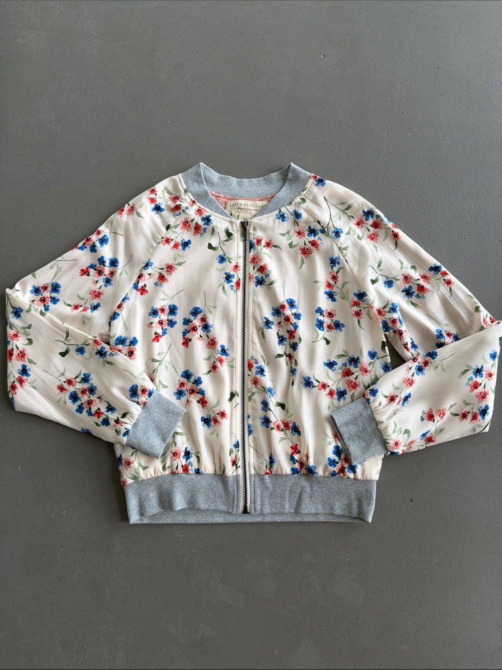 saltwater LUXE White Floral Bomber Jacket with Blue & Red Blossoms Size XS